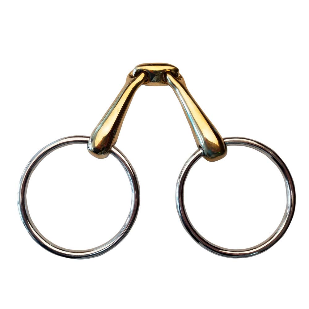 Freio de metal com argolas circulares prateadas e ponte central dourada