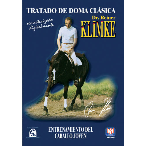 Capa de livro azul com homem montado em cavalo e texto de doma clássica