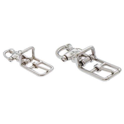 Dois fechos articulares metálicos prateados com trava e base retangular