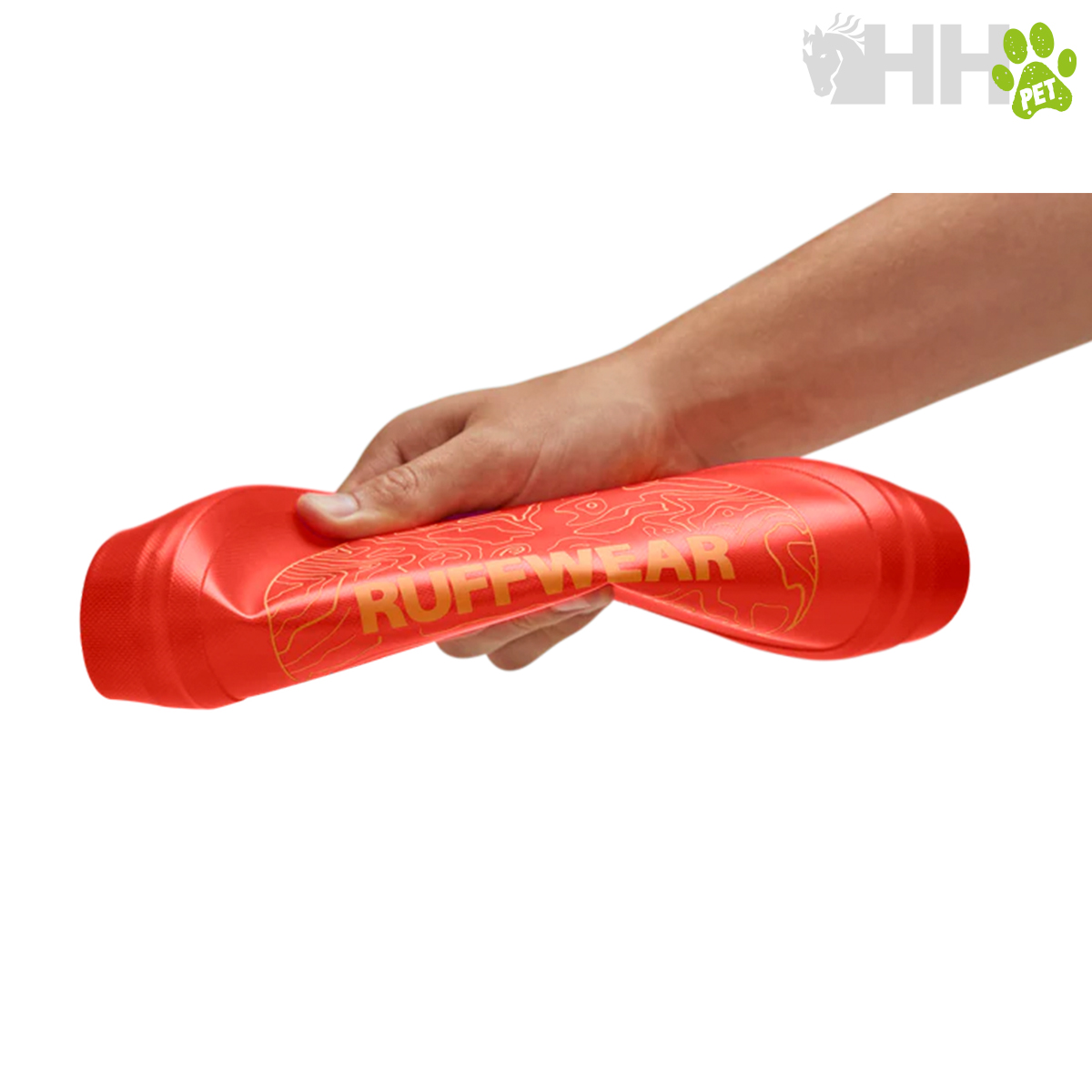 Junta para cães vermelha com texto RUFFWEAR segurada por uma mão