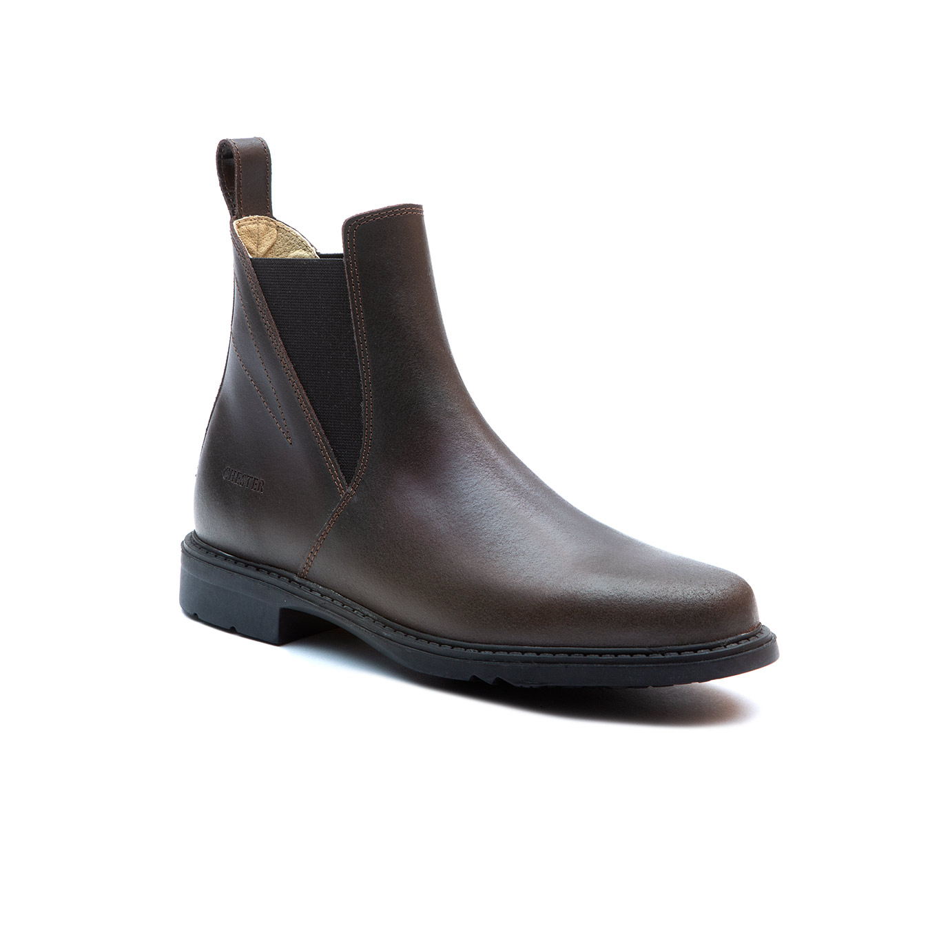 Botas Chelsea em pele castanha com sola preta e elástico lateral preto