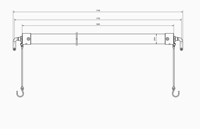 Desenho técnico preto e branco de dispositivo tubular com ganchos e medidas