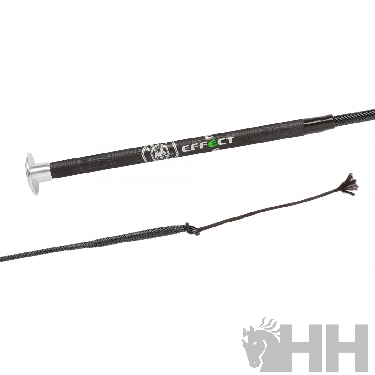 Chibata preta de couro com cabo texturizado e punho metálico prateado