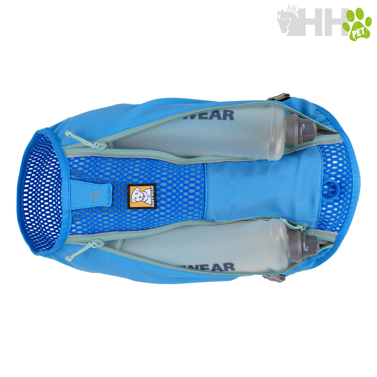 Colete de passeio azul para cães com dois flasks transparentes e detalhes em rede.