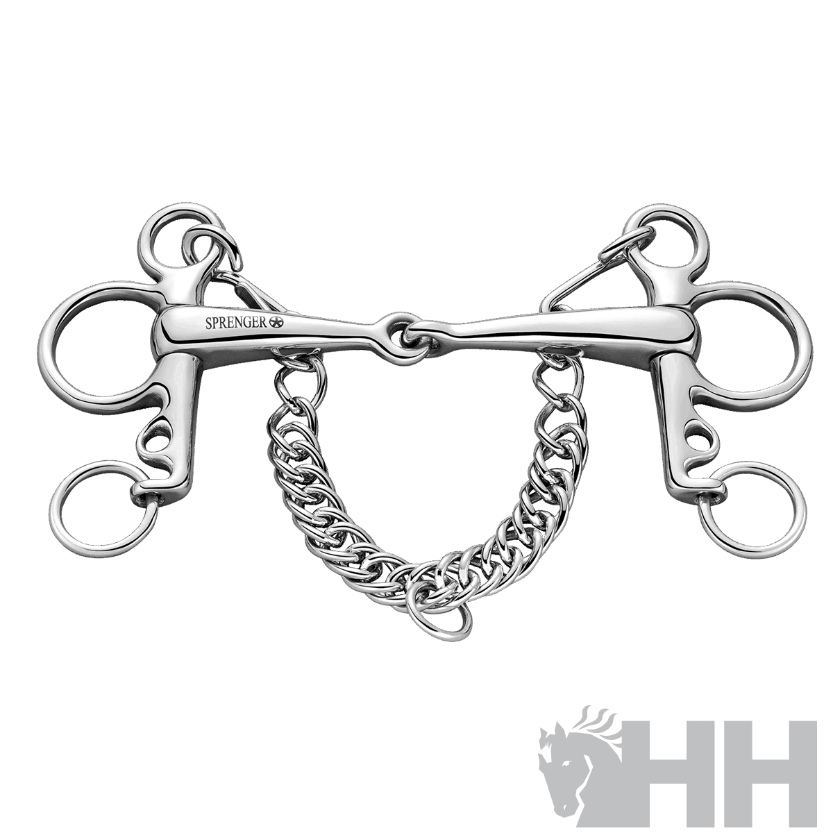 Freio para cavalo em metal prateado com corrente e argolas