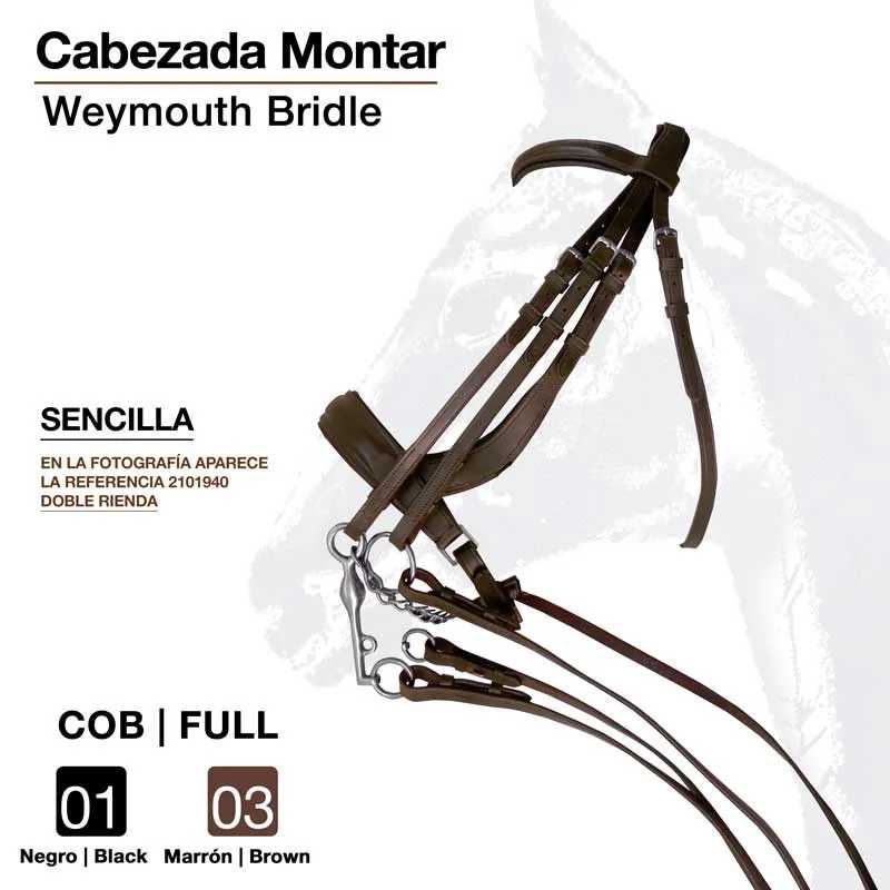 Cabeçada de montar Weymouth Bridle em couro castanho com ferragens metálicas
