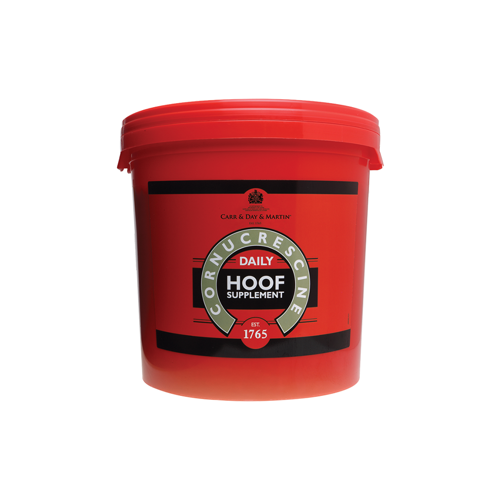 Recipiente vermelho de suplemento para cascos com tampa vermelha e rótulo preto e branco