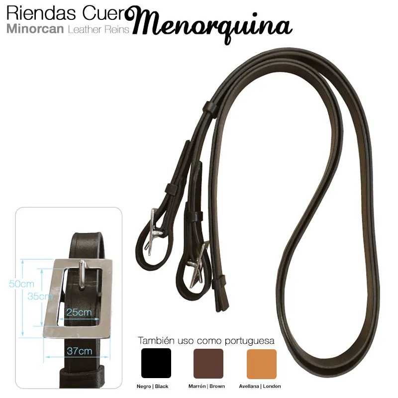 Rédeas de couro castanhas com fivela metálica e presilhas, com texto e medidas ilustradas.