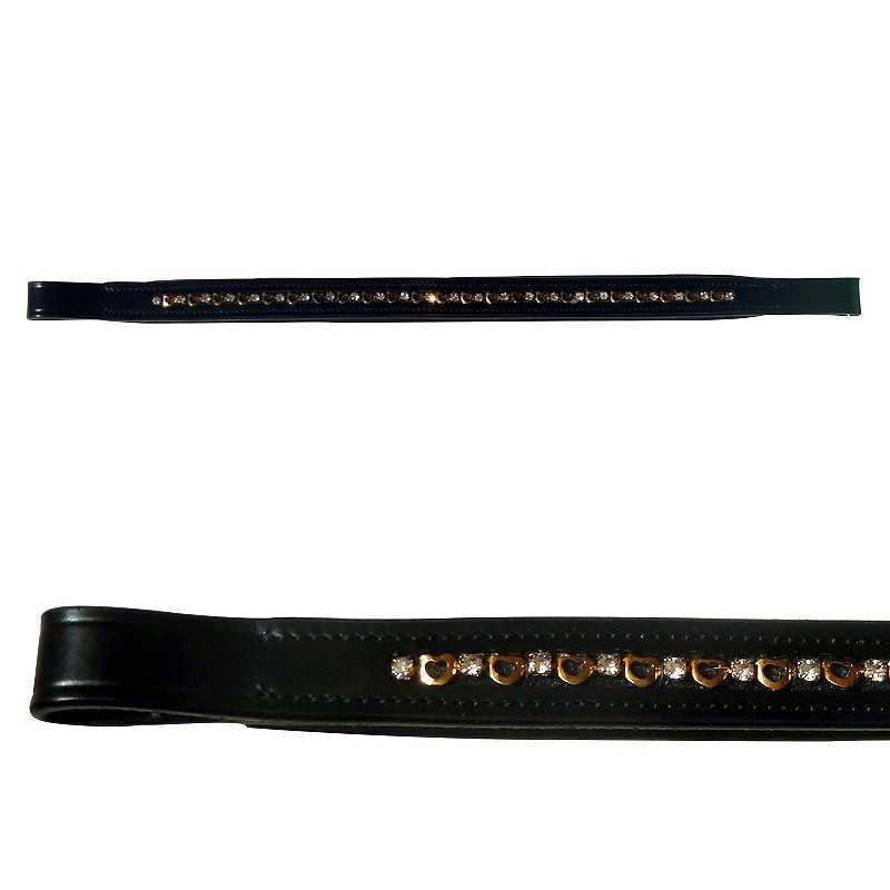 Cinta preta fina com pedras douradas e transparentes