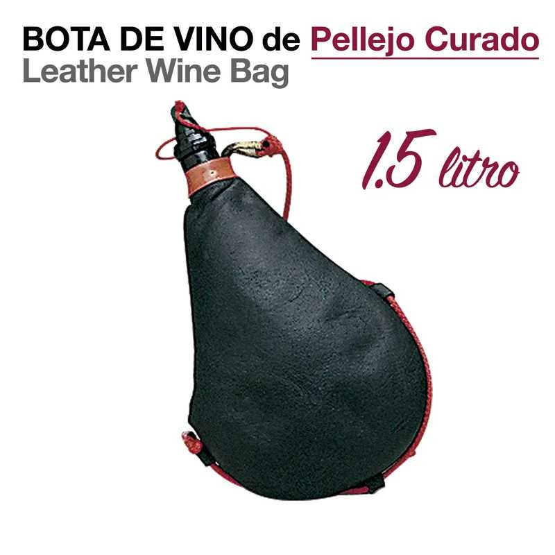 Bolsa de vinho tipo bota em pele preta com detalhes castanhos e cordas vermelhas, capacidade 1.5 litro