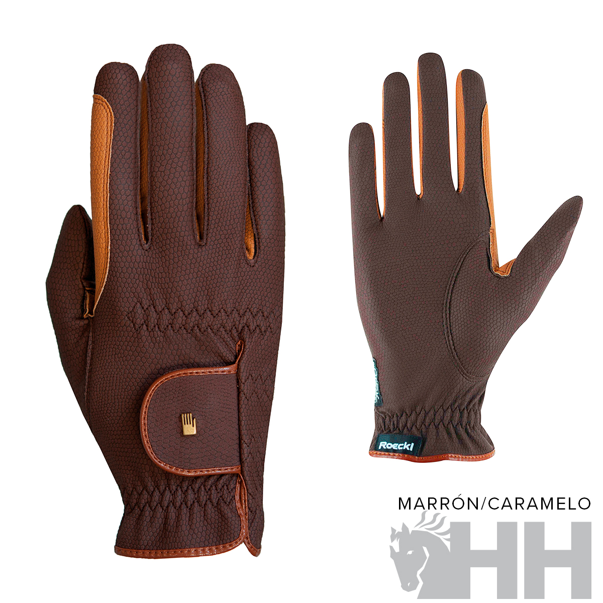Luvas castanhas com detalhes caramelo e fecho em velcro