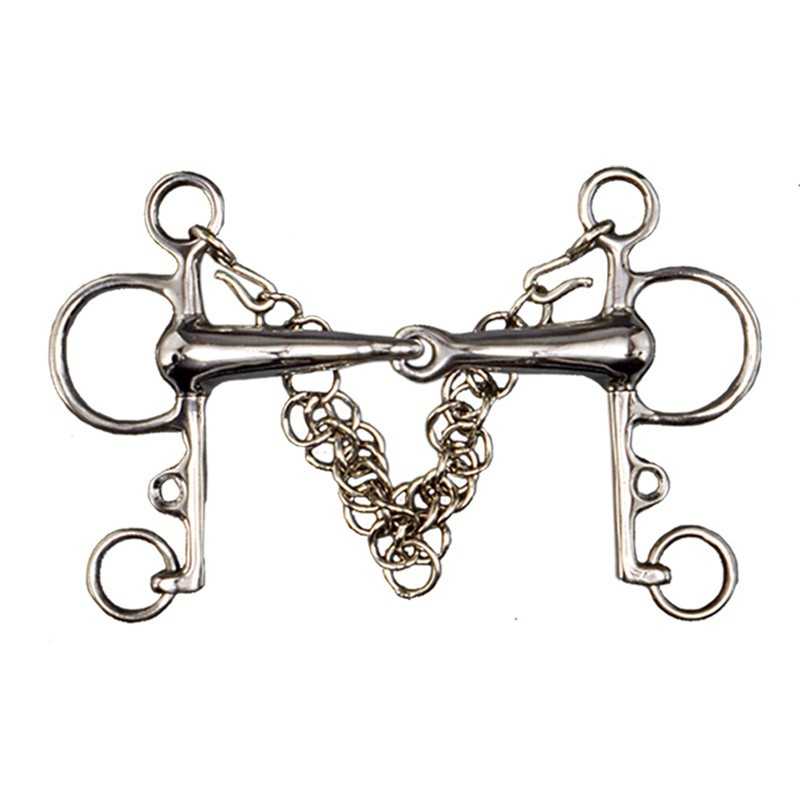 Freio de equitação metálico prateado com corrente de ajuste