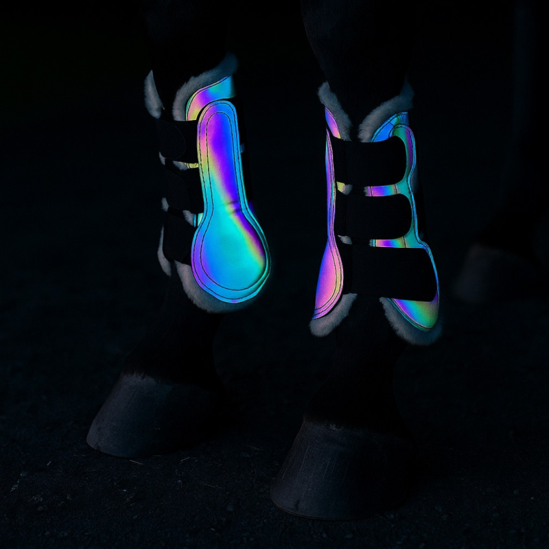 Proteções iridescentes para pernas de cavalo com tiras pretas e acabamento em pêlo branco