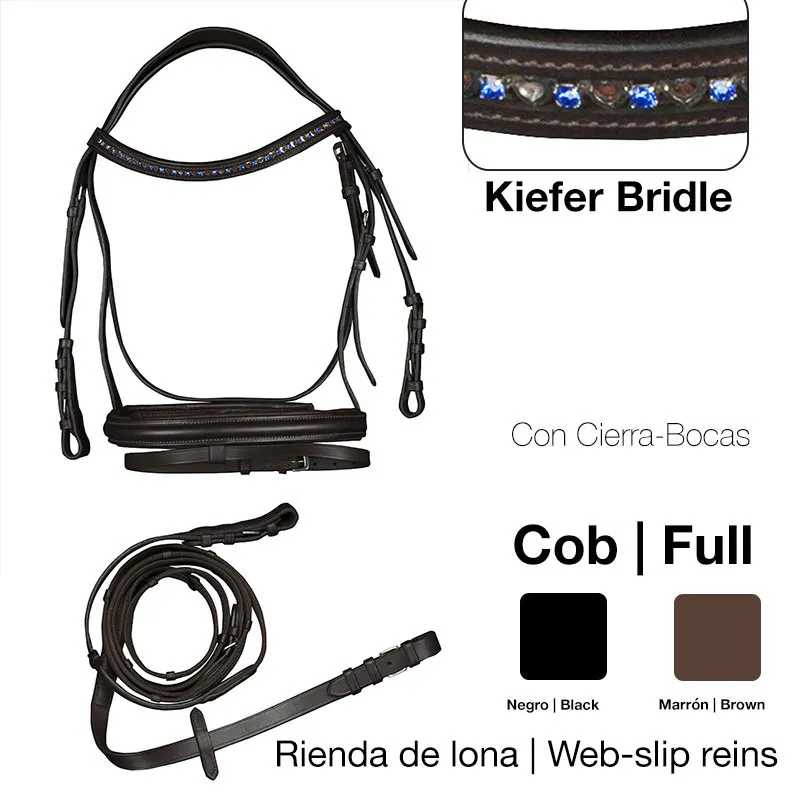 Freio completo de pele com pedras azuis e rédeas de lona em preto e castanho