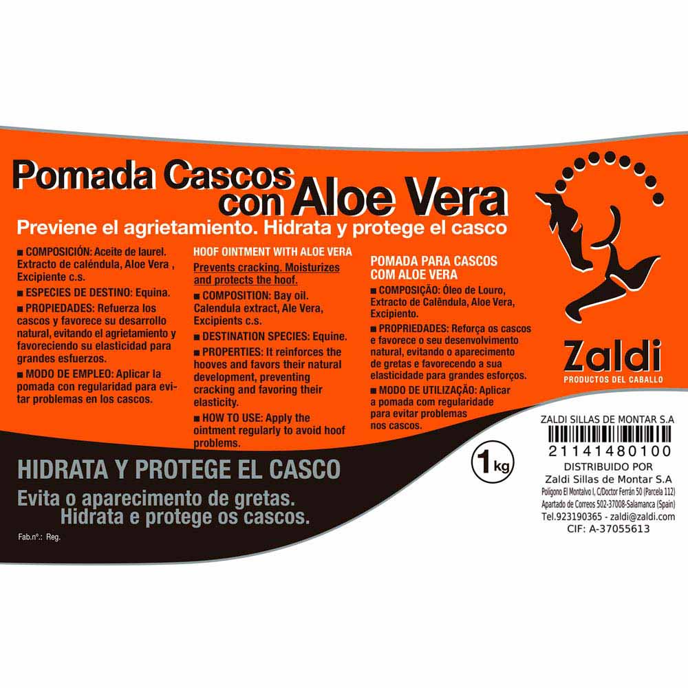 Etiqueta com Pomada Casco com Aloe Vera para cavalos, texto em três línguas e logótipo Zaldi.