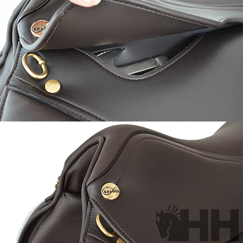 Sela de cavalo castanha em couro com detalhes metálicos dourados e botões LEWIS