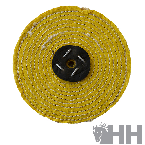 Disco de polir amarelo com costura cinza e centro preto com dentes metálicos