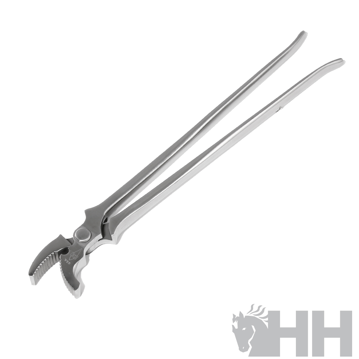 Alicate de cornos metálico prateado com lâminas serrilhadas em fundo branco