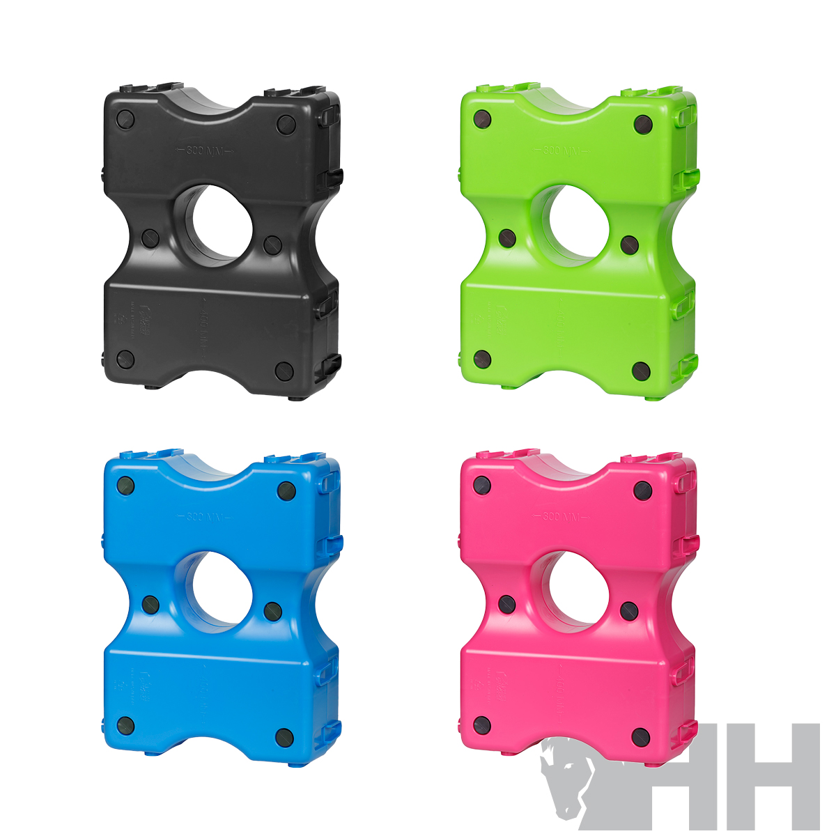 Blocos de plástico coloridos com furo central e parafusos pretos.