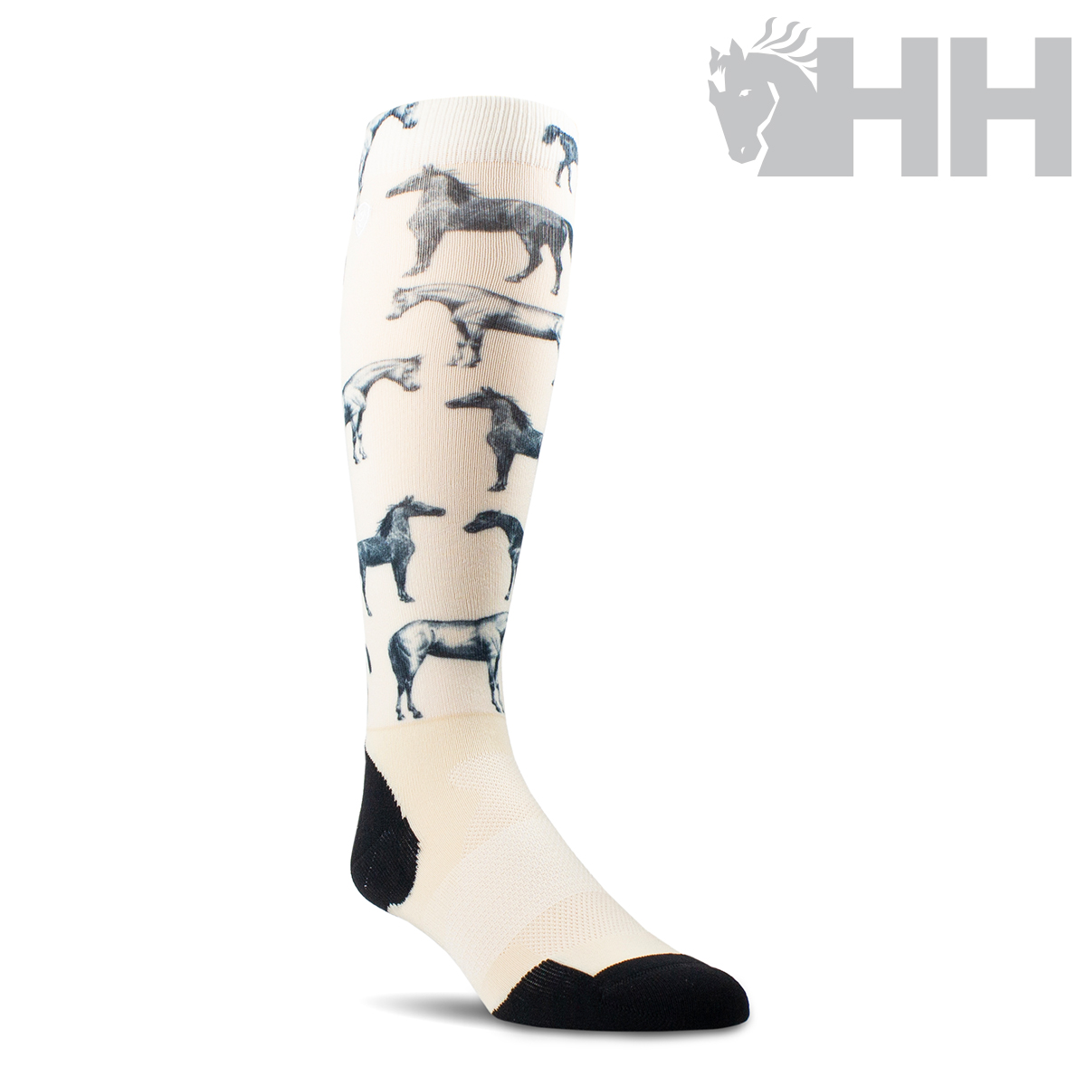 Meia alta creme com desenhos de cavalos e detalhes pretos