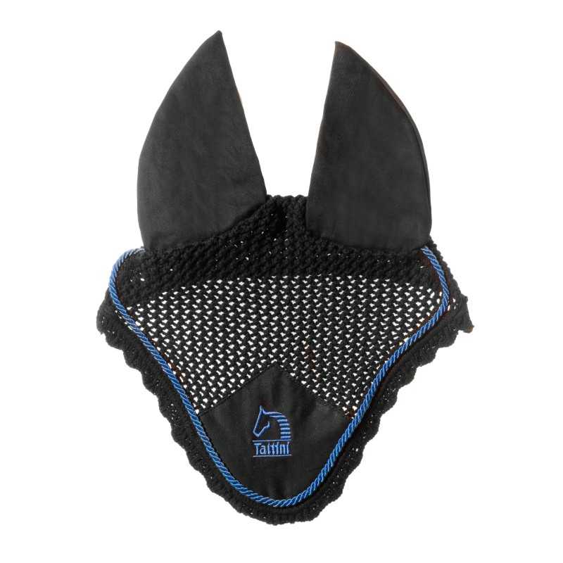 Touca preta para cavalo em crochet com orelhas e logotipo Tatini azul