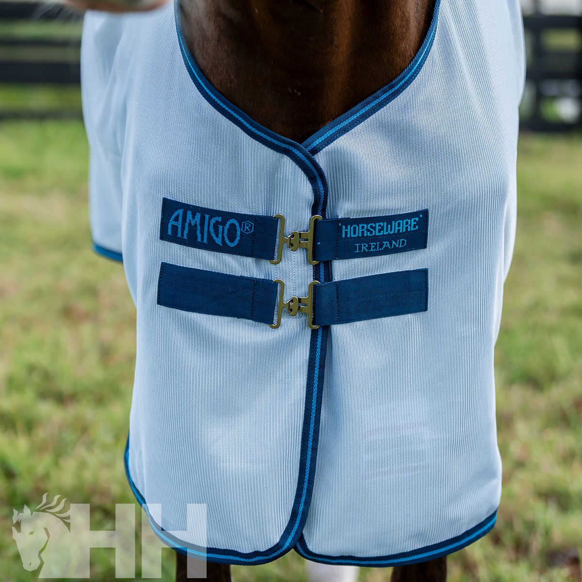 Cobertor para cavalo branco com bordas azuis e etiquetas AMIGO® e HORSEWARE IRELAND