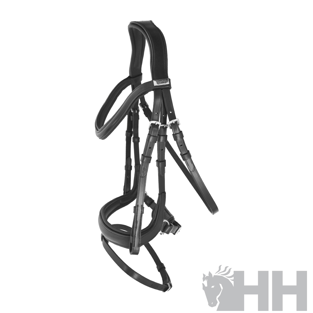 Cabeçada para cavalo em couro preto com almofadamento e fivelas prateadas
