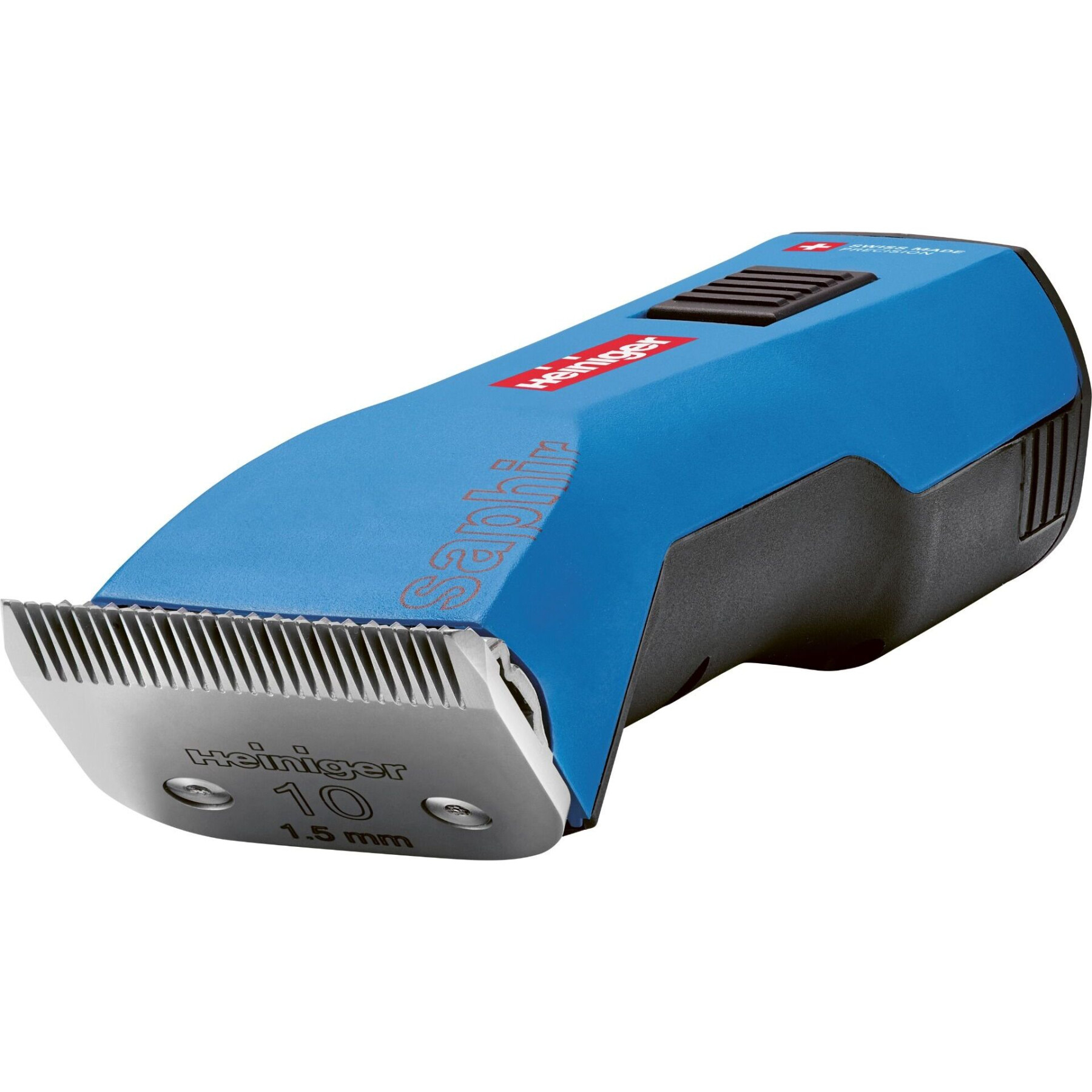 Máquina de cortar cabelo azul e preta com lâmina metálica