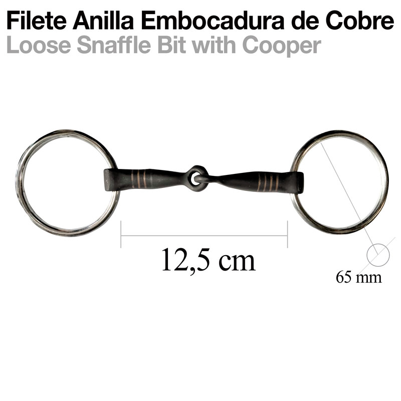 Filete Anilla Embocadura de Cobre com argolas metálicas e parte central preta com detalhes em cobre