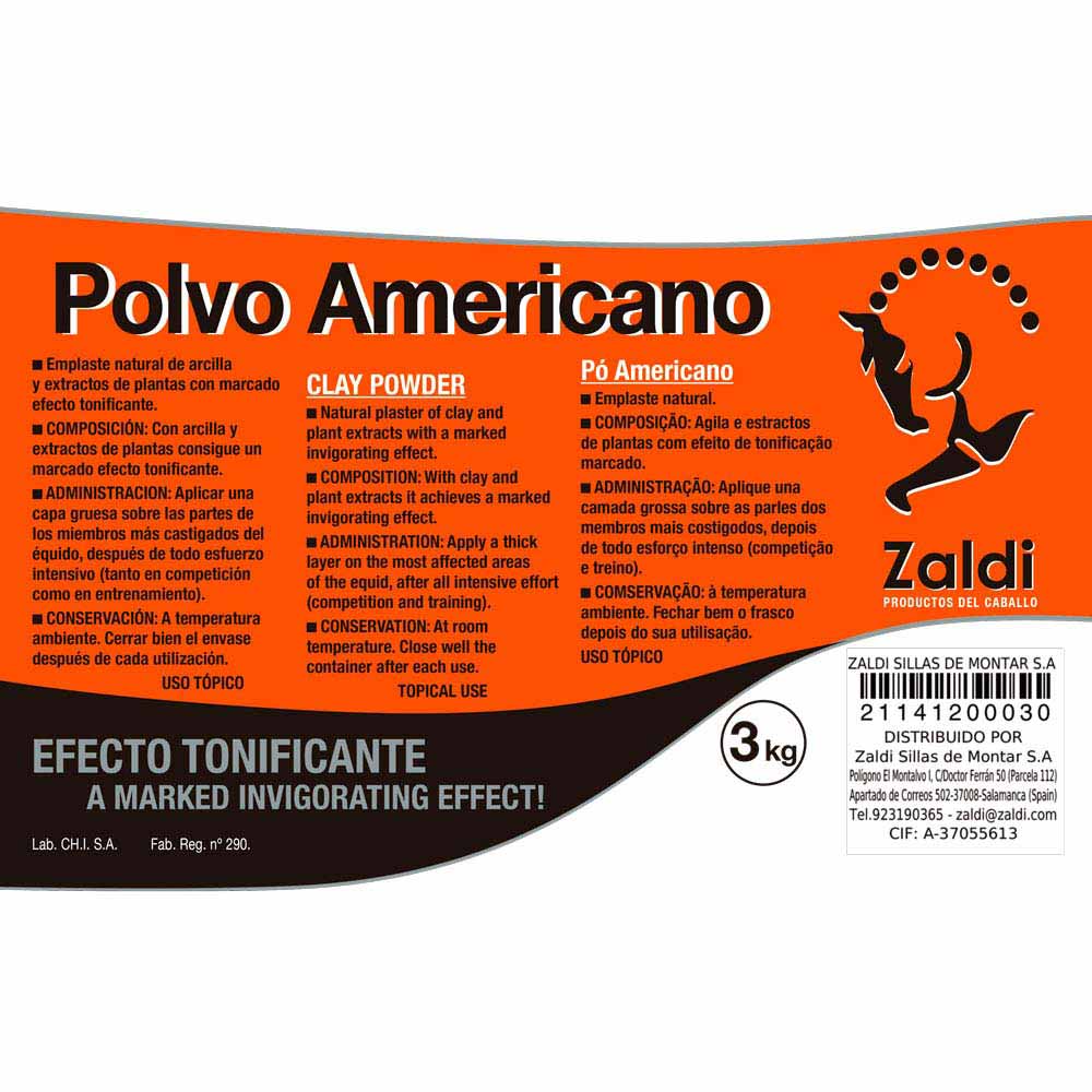 Etiqueta do produto Polvo Americano da marca Zaldi com informação sobre uso, composição e conservação.