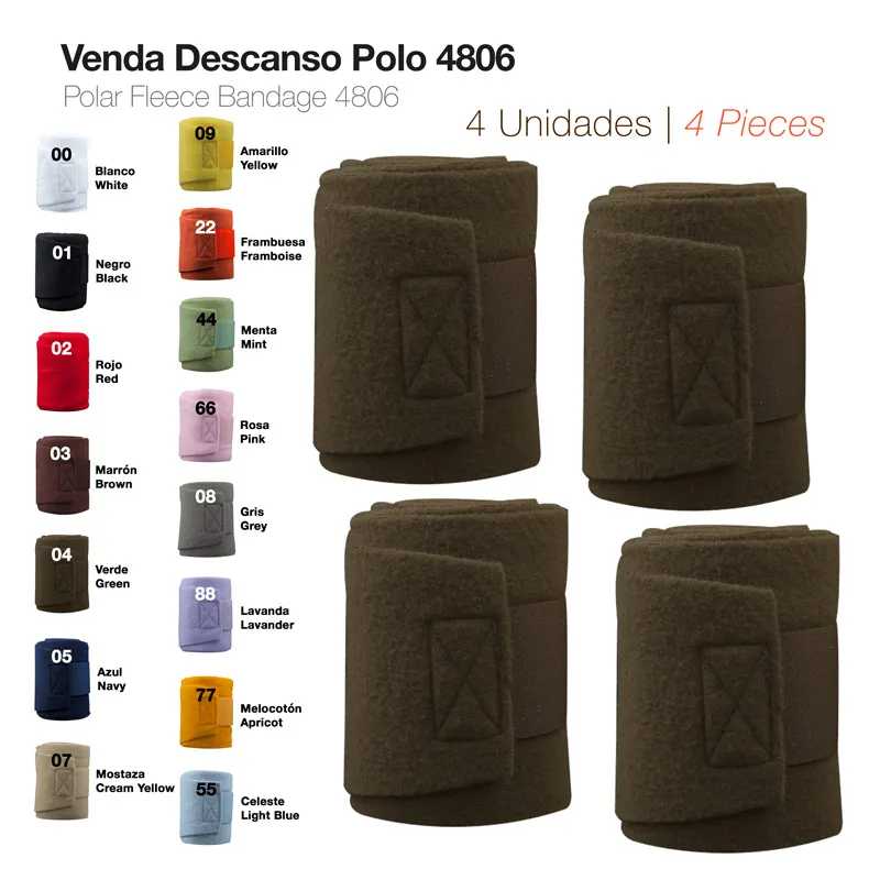 Quatro ligaduras de descanso em fleece polar castanhas com velcro e tabela de cores do produto Venda Descanso Polo 4806