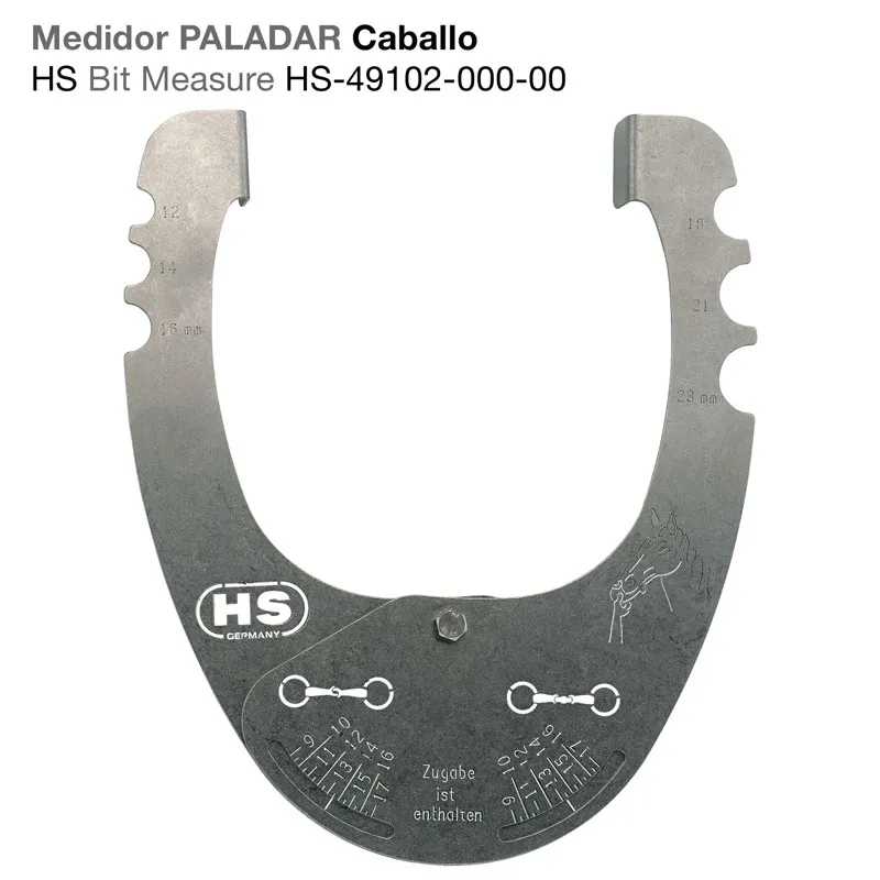 Medidor metálico para paladar de cavalo com marcações e texto em alemão
