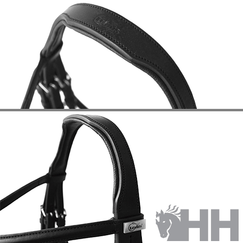 Detalhes de argola de arreio em couro preto com gravação Logrius