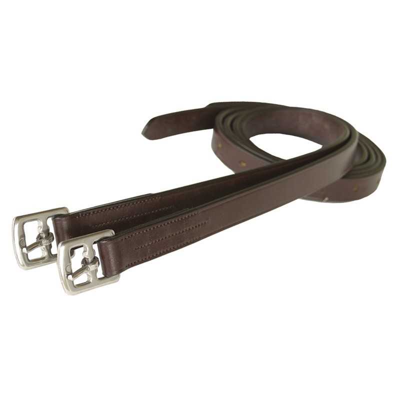 Estribos de equitação em couro castanho com fivelas metálicas prateadas