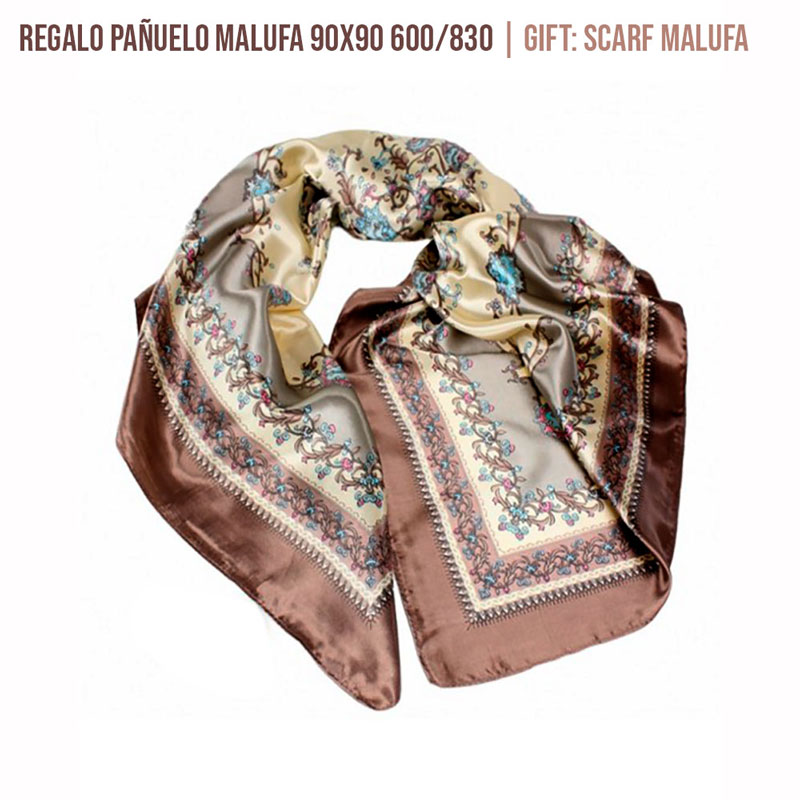 Lenço Malufa quadrado com padrão floral e borda castanha