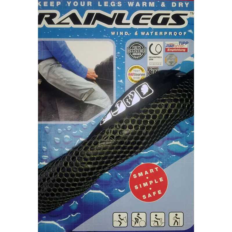 Produto RAINLEGS para pernas, preto com padrão de malha, embalagem azul com gotas e ícones de atividades