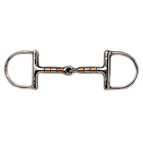 Equipamento equestre metálico com argolas em forma de D e barra segmentada prateada com detalhes em cobre