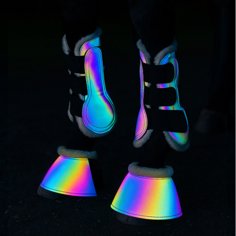 Protetores e botas iridescentes para casco de cavalo com presilhas pretas