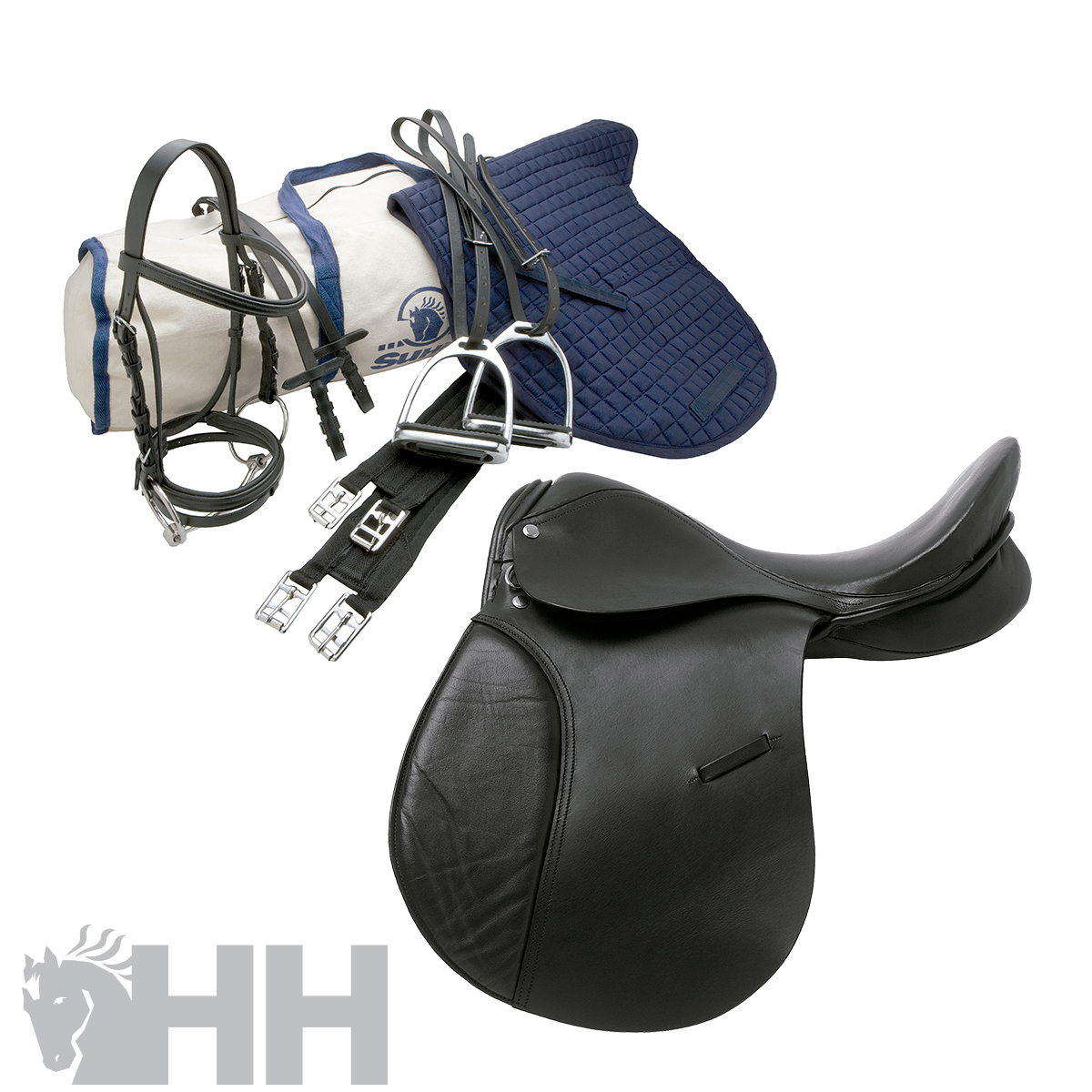 Equipamento completo de equitação incluindo sela preta, redomão, estribos e manta azul