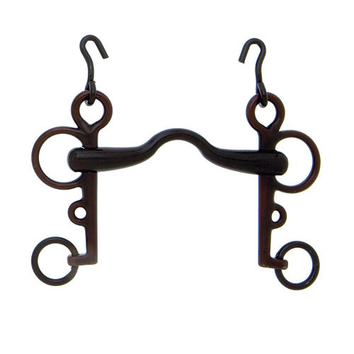 Freio em metal preto para cavalo com argolas e ganchos.