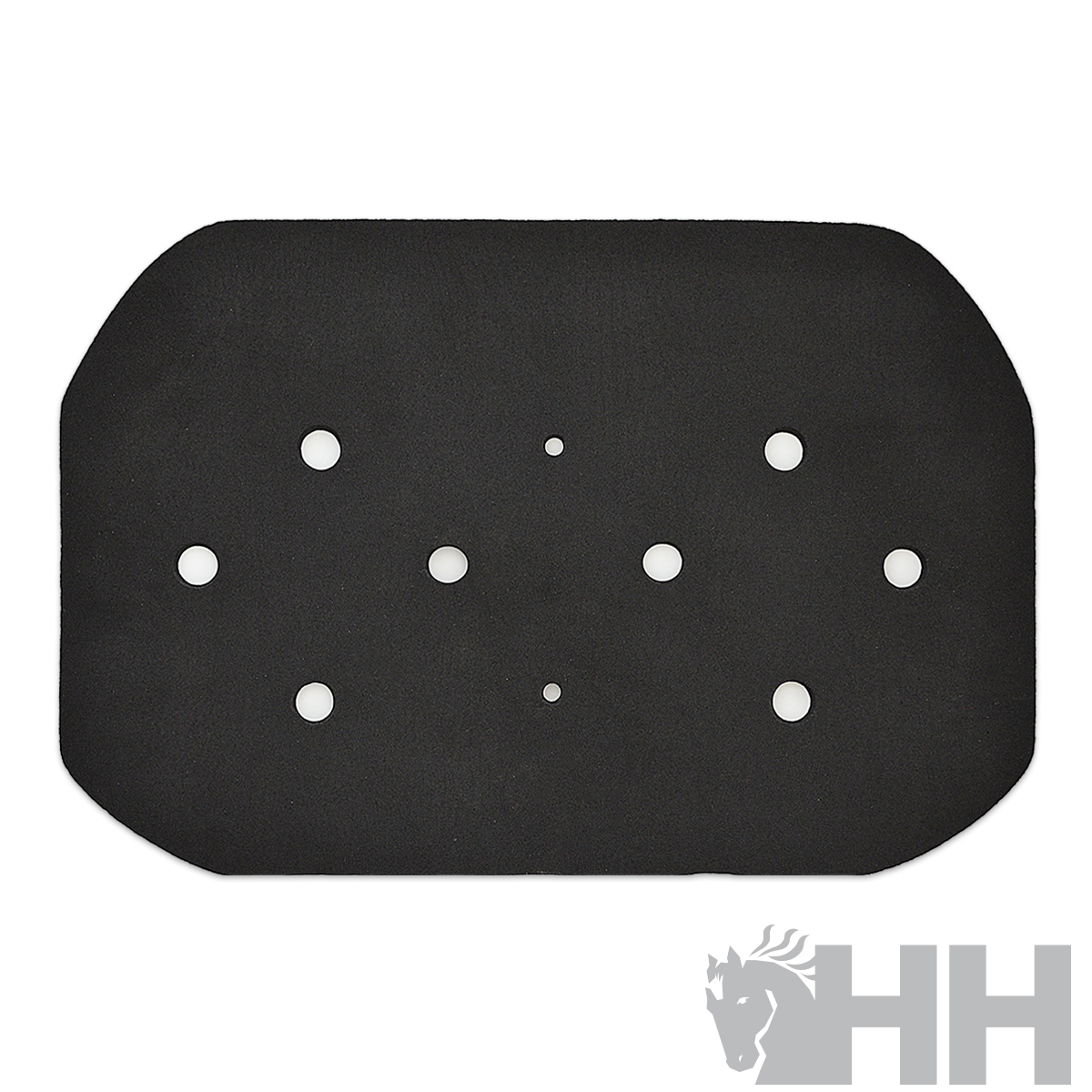 Tapete preto com orifícios brancos e logotipo HH cinzento