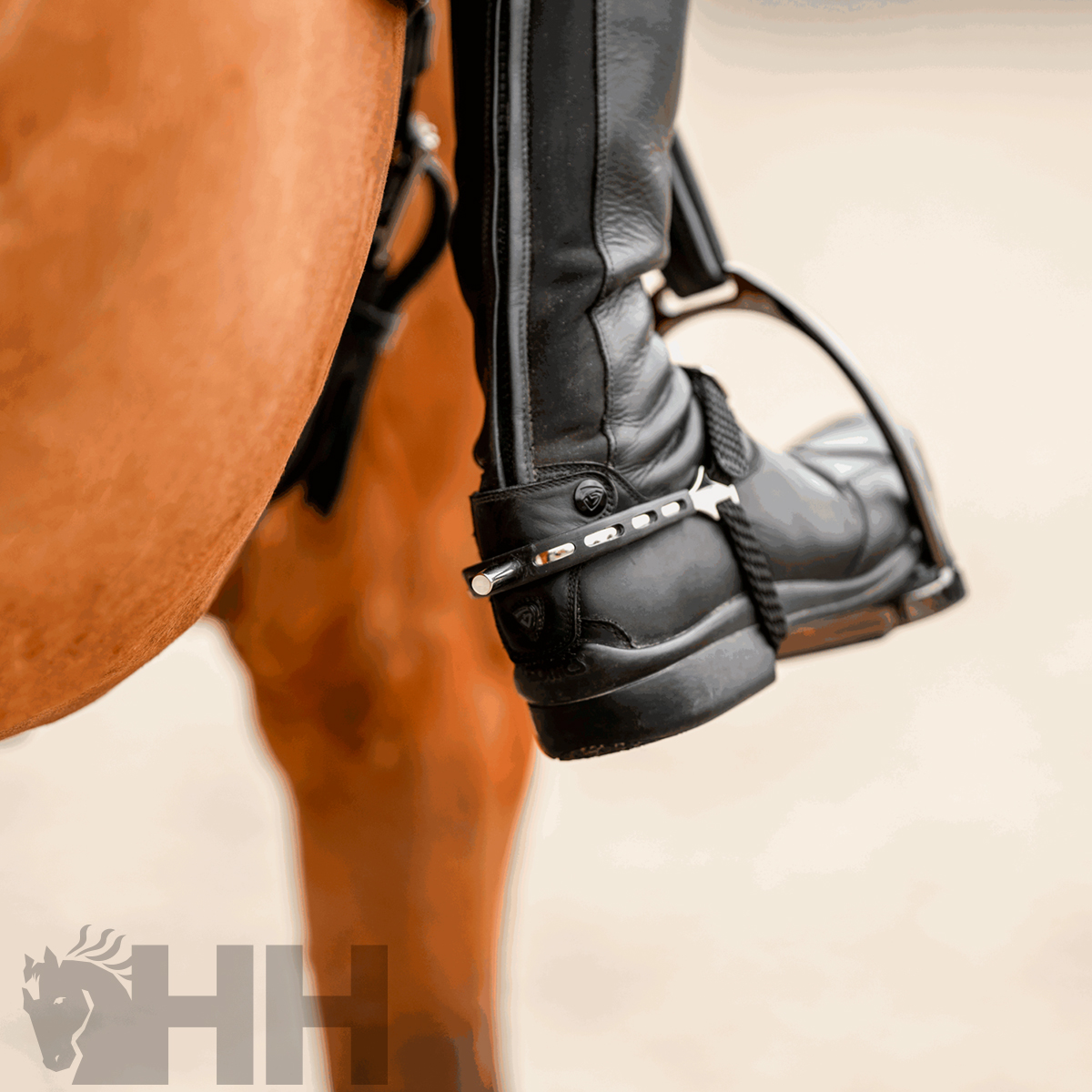 Bota preta de montaria em couro com estribo prateado num cavalo castanho