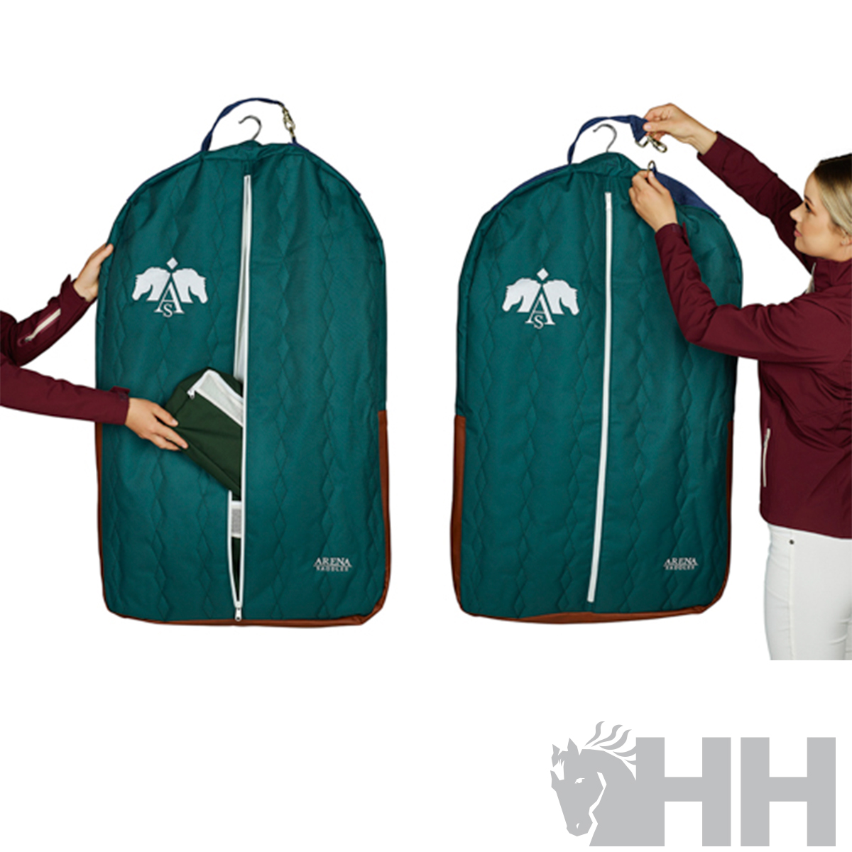 Top verde escuro para pendurar roupa com fecho branco e logótipos brancos, em fundo branco com mulher a mostrar o produto