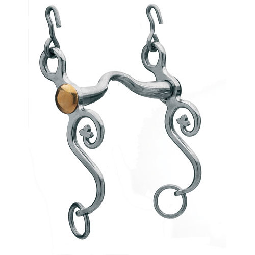 Freio de cavalo em metal prateado com detalhes em bronze e design decorativo.