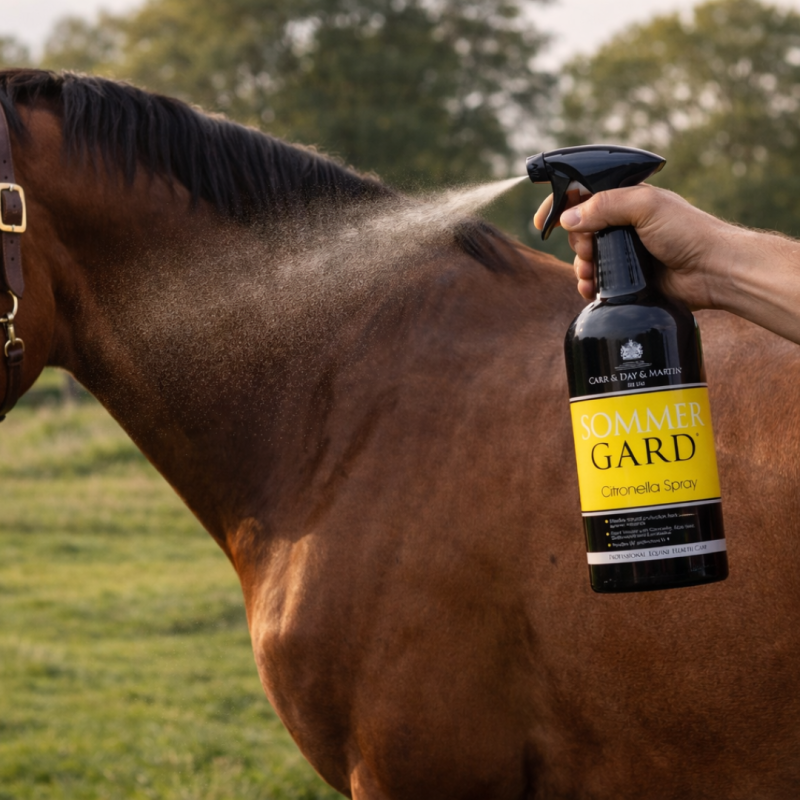 Frasco de spray Citronella Sommer Gard a ser aplicado em cavalo castanho