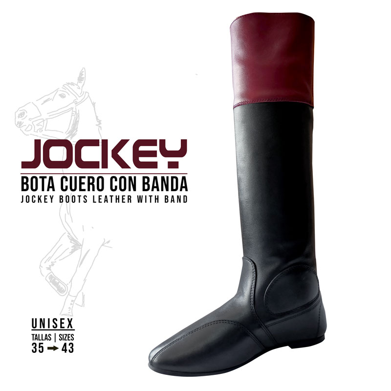 Bota de couro preta com banda vermelha para equitação Jockey