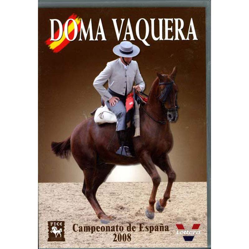 Cavaleiro montado num cavalo castanho em capa com texto DOMA VAQUERA e Campeonato de España 2008.