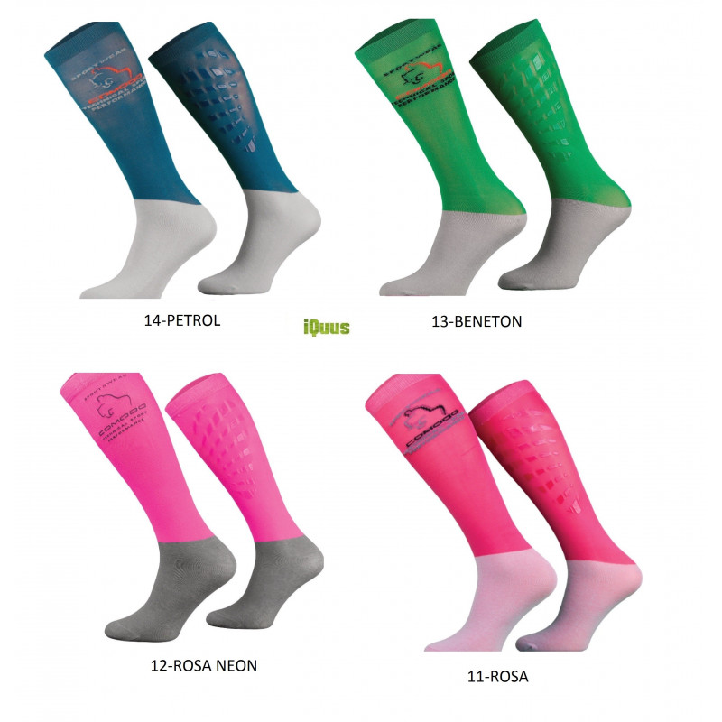 Quatro pares de meias desportivas em azul petrol, verde Benetton, rosa neon e rosa, cada uma com padrão antiderrapante e texto preto.