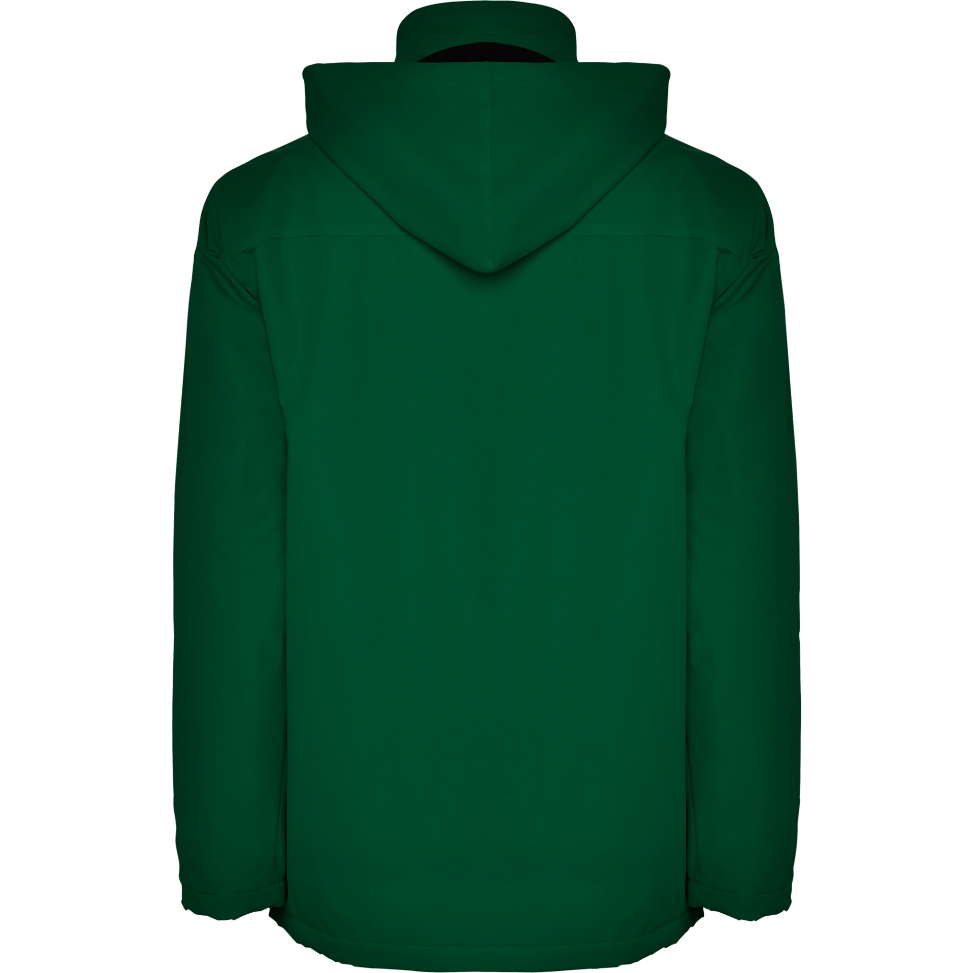 Casaco impermeável verde escuro com capuz visto de trás