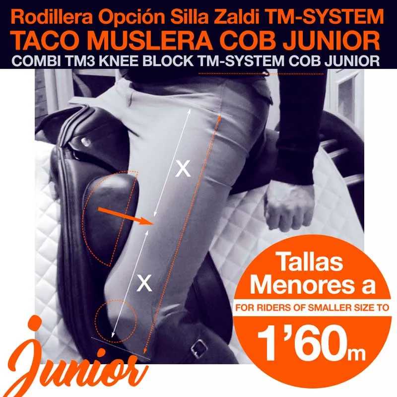 Proteção para joelho e coxa de equitação Zaldi TM-SYSTEM COB JUNIOR sobre perna com texto informativo em laranja